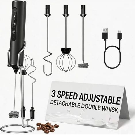 Mousseur à lait portatif rechargeable avec support, 3 vitesses réglables, 3 fouets, batteur électrique pour boissons latté, cappuccino, chocolat chaud, œufs et protéines en poudre — Noir (1/5)
