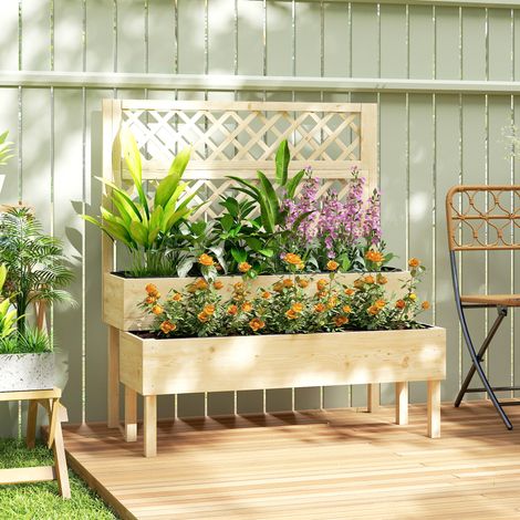 Jardinière à 2 niveaux avec treillis effet bois naturelle bac à fleurs avec tissu non tissé 108 x 62 x 120 cm finition de qualité
