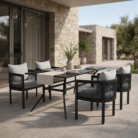 Wahson Set di 4 Sedie da Giardino, Poltrone Rotonde Intreccio Corda, Grigio (1/5)
