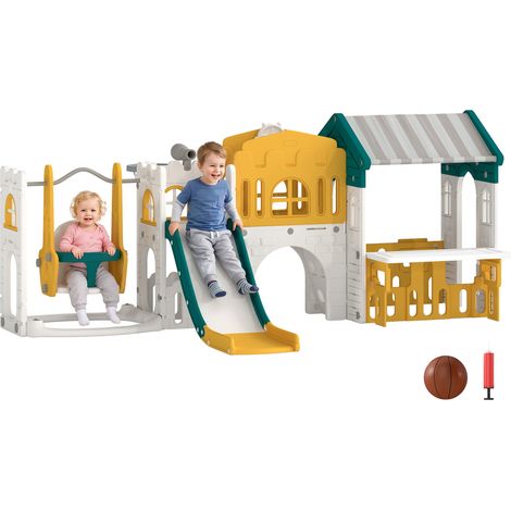 Ensemble toboggan et balançoire pour enfants - AIYAPLAY - 11 en 1 - maisonnette - 1-4 ans - HDPE - 260 x 176 x 111 cm - jaune (1/5)