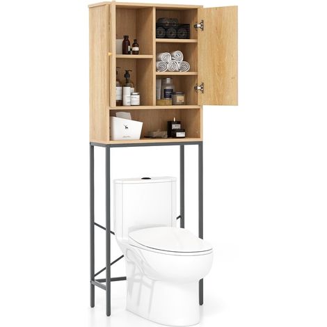 COSTWAY Meuble WC Au-Dessus des Toilettes, Placard à 2 Portes en Rotin, Design Anti-Basculement, Étagère de Rangement à 6 Niveaux pour Salle de Bain, Buanderie, Naturel (1/4)