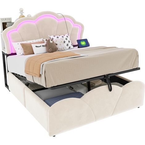 Lit Coffre 140 x 200 cm en Velours, Lit Double avec LED, Prises et Étagères, sans Matelas, Beige (1/5)