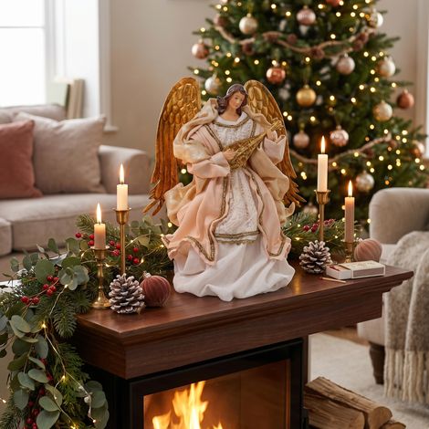 Angelo per presepe vestiti in raso e garza color naturale con mandolino h 25 cm (1/3)