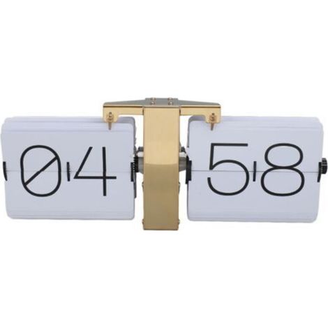 Grande horloge à chiffres inversés Surface lisse Facile à lire Réglage par bouton Horloge à chiffres inversés automatique pour chambre à coucher Salon 24 heures Cadre doré et page blanche Polic (1/5)
