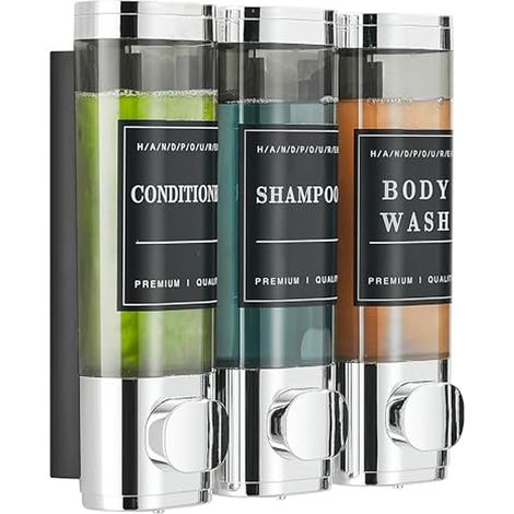 Distributeur de Savon Mural sans perçage pour Douche Distributeur de shampooing et après-shampoing Mural pour Salle de Bain hôtel 3 x 300 ML Chrome avec étiquettes (1/5)