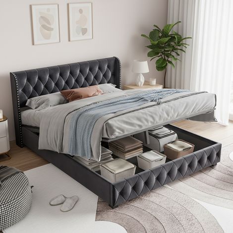 Letto contenitore 140x200 cm - Rete a doghe inclusa - Sollevamento idraulico - Testiera in velluto - Ampio vano contenitore - grigio (1/5)