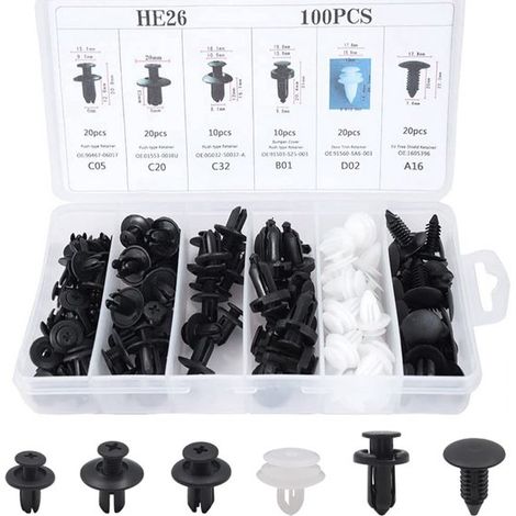 100 clips de montaje para coche, 6 tipos de juego de montaje de plástico para coche, kit de clips de montaje para parachoques (1/5)