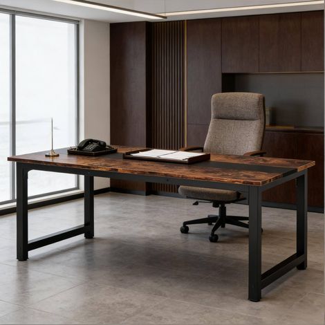 REDOM - Bureau 160x80x75 cm - grande surface de travail - espace pour les jambes - métal et bois - noir et brun rustique (1/5)