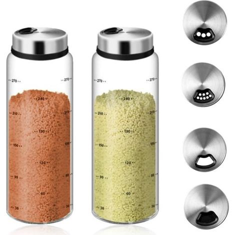 Longziming - 2 grands pots à épices de 300 ml avec couvercles à vis - Poêles à épices en verre avec 3 becs verseurs - Verre borosilicate résistant à la chaleur - Pots à épices pour la cuisine et le ba (1/5)