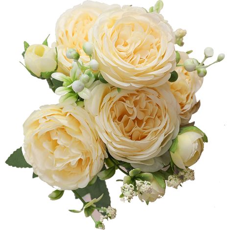 bouquets de 5 roses artificielles persanes jaunes, noués à la main, pour mariage, salon ou décoration intérieure. (1/5)