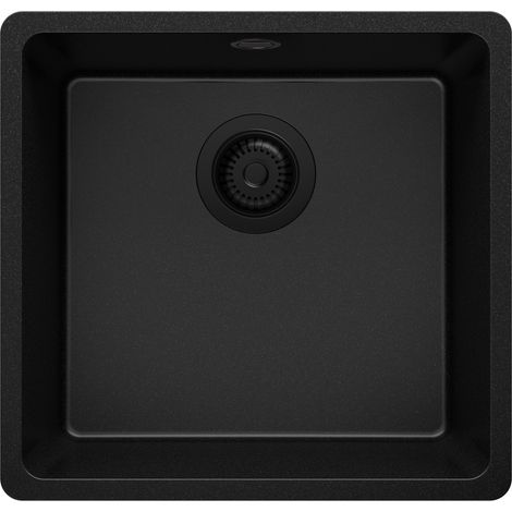 PRIMAGRAN Evier Sous Plan 46x44cm, Evier en Granit 1 bac + Kit de Vidage, Évier au meuble 50cm - Venise Easy, Tout Noir (1/5)