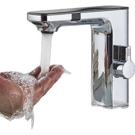 Robinet de salle de bain sans contact, haute durabilité, capteur mains libres, Chrome (1/2)