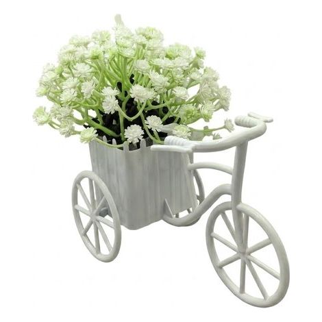 Mini jardinière en forme de vélo avec fleurs artificielles blanches et vertes, et plantes artificielles dans le panier, idéale pour la décoration de table intérieure. (1/5)