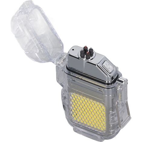 Briquet à arc électrique IP56 étanche, résistant au vent, éclairage LED, portable et multifonctionnel, double arc électrique, argenté.