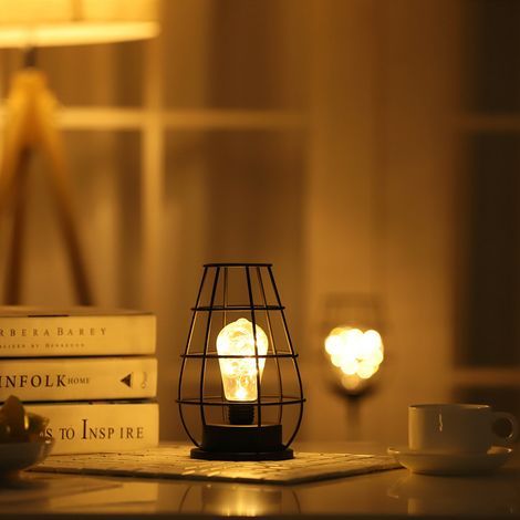 Lámpara de mesa decorativa, lámpara de mesa retro, lámpara tipo jaula, luz nocturna, estilo retro, funciona con pilas. (1/5)