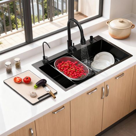 FIANAO – Évier de cuisine noir inox 1 bac – à encastrer ou à poser, planche à découper et panier inclus – 80 × 45 × 20 cm (1/5)