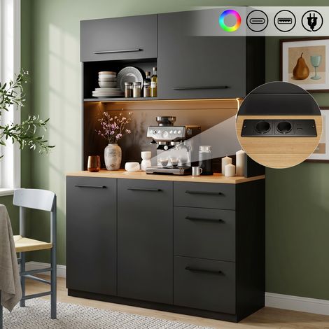 Buffet haut cuisine 120 x 40 x 180 cm rangement multi niveaux LED multicolore prises USB A C porte abattante étagères réglables noir (1/5)