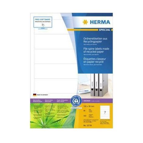 HERMA Ordnerrückenetikett HERMA Recycling schmal/kurz 38 x 192 mm (B x H) selbstklebend ohne Grifflochnaturweiß 560 Etik./Pack. (1/4)
