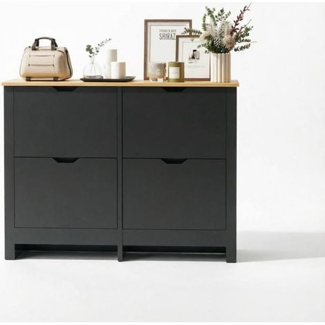 Zapatero negro y efecto madera con 4 puertas abatibles y estantes ajustables (1/5)
