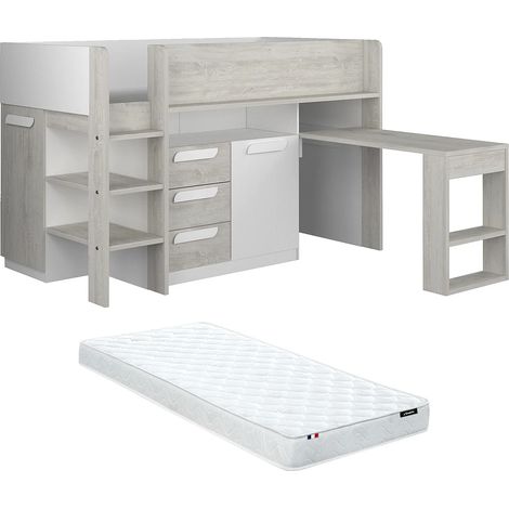 Lit combiné 90 x 200 cm - Avec bureau et rangements - Blanc et naturel + Matelas - LOUKALA (1/5)