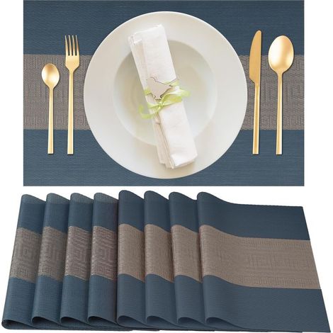 (30x45cm, Bleu)Lot de 8 Sets de Table Lavable, Sets Table Plastique PVC, Tissé Lavable Napperons Résistant à Chaleur Antidérapant, pour Cuisine Table (1/4)