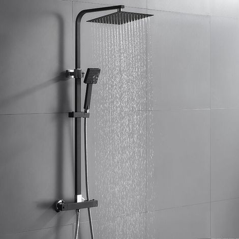 Thermostatic Shower Column Set, Black, Adjustable Height, Black Shower Set with Mixer Tap, Rain Shower System for Bathroom