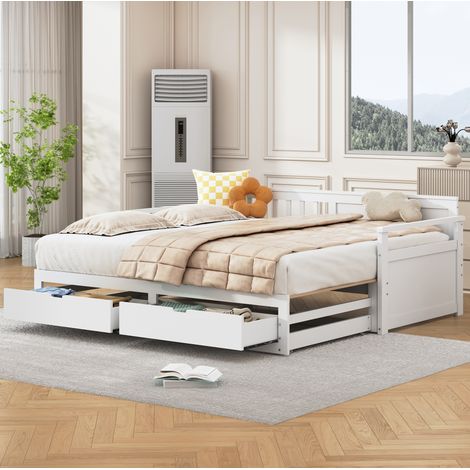 Lit gigogne 90/180 x 190 cm extensible –canapé lit 2 en 1 – Structure en bois de pin – avec 2 tiroirs – Sommier à lattes– blanc (1/5)