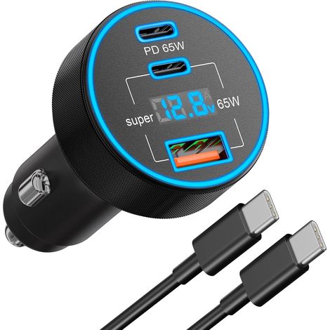 130W Chargeur Allume Cigare USB C avec LED Voltmètre, 3Ports Adaptateur 12V Prise USB Voiture Chargeur Rapide Voiture Car Accesoire + Type-C Câble 1M pour 17/16/15, Tab, Automobile (1/5)