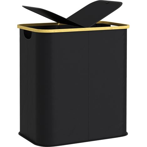 Cesto Portabiancheria da 80L a 2 Sezioni con Coperchio 54x34x58,5 cm in Tessuto non Tessuto e Bambù Nero (1/5)