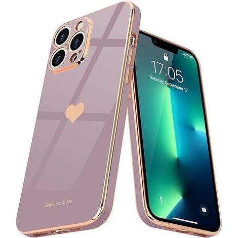 Lila iPhone 13 Pro Hülle mit Herzmotiv, goldfarbenes Zink und dünnes Silikon, stoßfest und kratzfest, langlebige Hülle (1/5)