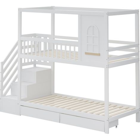 CAIziLit superposé 90x200 cm blanc bois avec tiroirs et rangement échelle (1/5)