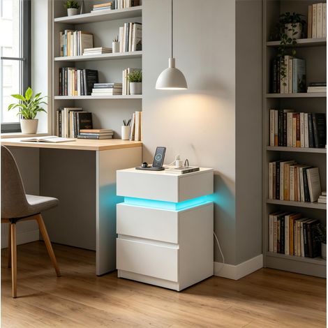 Nachttisch 2er Set mit Ladestation und LED Weiß OKMYHOME (1/5)