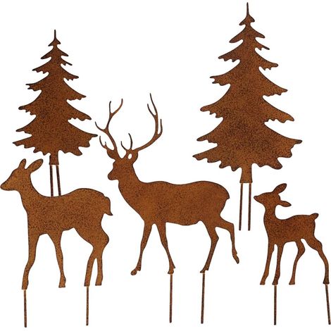 Poteaux décoratifs de jardin, cerfs et deux pins aspect rouille, lot de 5, décorations de Noël à faire soi-même, décoration de jardin (1/5)