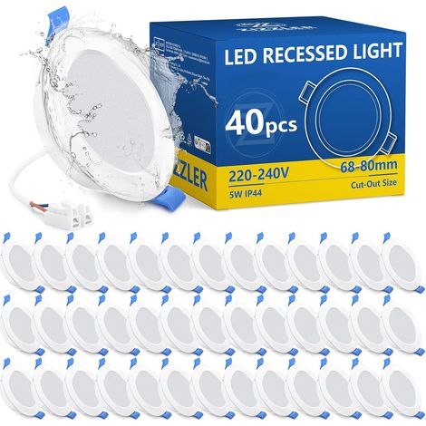 Lot de 40, Spots LED Encastrable Salle de Bain Plafond Extra Plat, Trou 68mm, Blanc Froid 6000K, Etanche IP44, 5W, 220V, Diametre 90mm, Interieur Cuisine Bathroom (1/5)