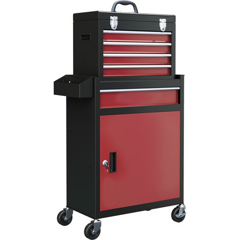 Carro de taller con ruedas de acero negro y rojo, 5 cajones, armario con cerradura (1/5)