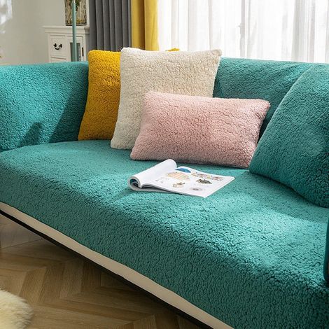 Thick L-Shaped Sofa Cover for 1/2/3/4 Seater Sofas, Protective Sofa Cover, Universal Non-Slip Faux Fur Sofa Cover for Living Room (Sherpa Green, 45 45cm) (1/5)