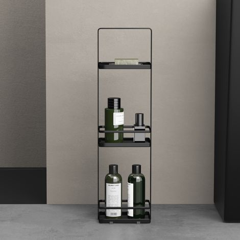 doporro Duschablage ohne Bohren, 3 Ebenen Badregal Stehend, Duschregal Schmales aus Metall, Modernes Design für Badezimmer und Toilette, Schwarz