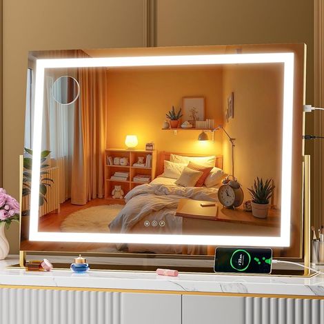 Hasipu Schminkspiegel mit Beleuchtung 75 x 54 cm, LED Kosmetikspiegel mit USB-Ladeanschluss, 360° Drehung Tischspiegel für Make-up Gerade Gold