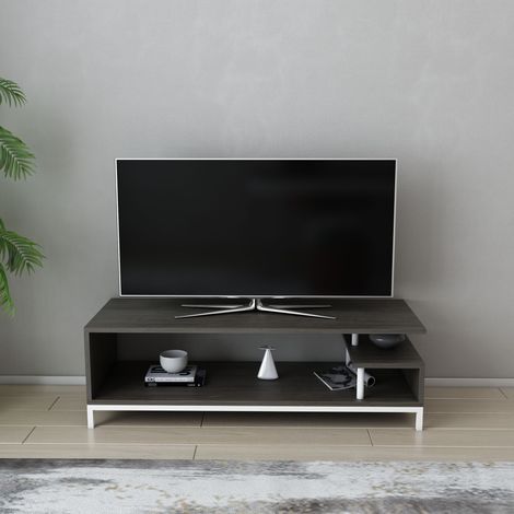 Reilly Meuble TV 120 cm Pieds en métal et étagères ouvertes (Blanc et Wenge)