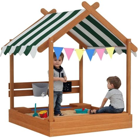 Bac à sable vert en bois massif traité avec protection solaire, design maison de jeu et ensemble de jouets, dimensions 124×116×146 cm