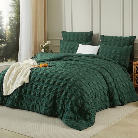 Parure de lit en seersucker avec housse de couette 135 x 200 cm et taie d'oreiller de 80 x 80 cm - Vert foncé - Pour l'été - Rafraîchissante à rayures - Motif uni - Respirante - Légère (1/5)