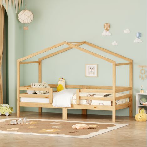 Lit cabane enfant 90x200 cm en bois, avec sommier à lattes inclus, protection 3 côtés, usage quotidien, naturel (1/5)