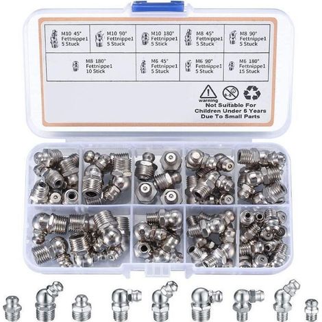 Kit de 60 graisseurs à visser M6 M8 M10 – Angles 45° 90° 180° – Fer nickelé résistant à la corrosion – Pour machines industrielles (1/5)