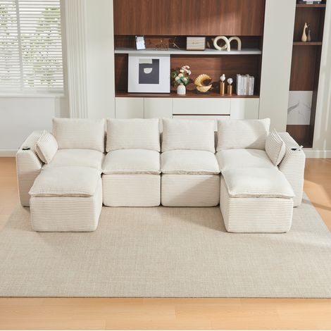 Modulares 4-Sitzer-Sofa 322x161x75 cm Beige Cord mit 2 Hockern, Kissen und Seitentaschen (1/5)