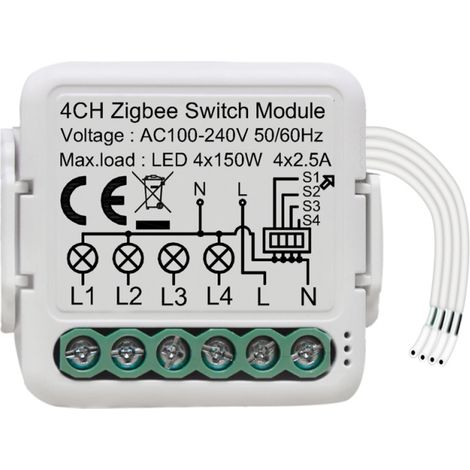 Module Tuya ZigBee 4 voies – Interrupteur intelligent modifiable – Partage, minuterie, appli – Compatible Google Home – Nécessite passerelle
