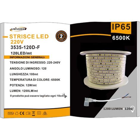 Striscia Led 12w 220V 120 Led /mt Luce Fredda 6500k 3535-120D-F