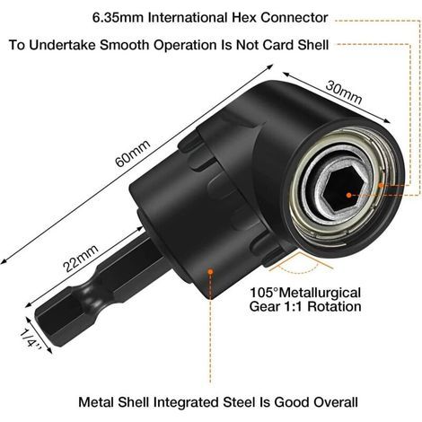 Fixation de tournevis d'angle de 105° Adaptateur professionnel Perceuse d'extension d'angle de tournevis d'angle en acier à angle droit avec changement rapide de 1/4\ (1/4)