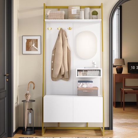 Meuble d'entrée compact de 180 cm, avec miroir, patères métalliques, porte-manteau et banc à chaussures, Ensemble de meubles d'entrée, Blanc (1/5)