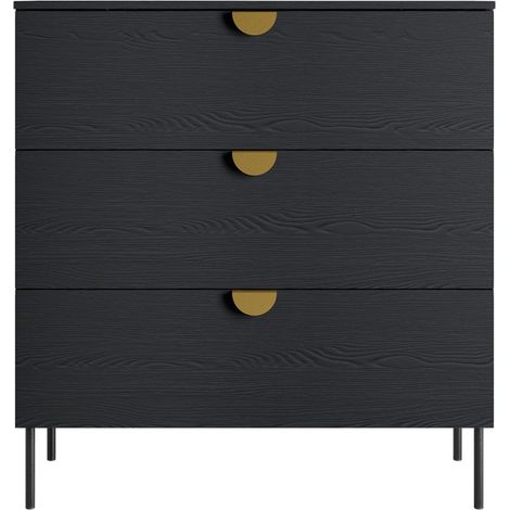 Kommode MONDO – Strukturiert Schwarz und Gold – 3 Schubladen – Metallfüße – Modernes und funktionales Design