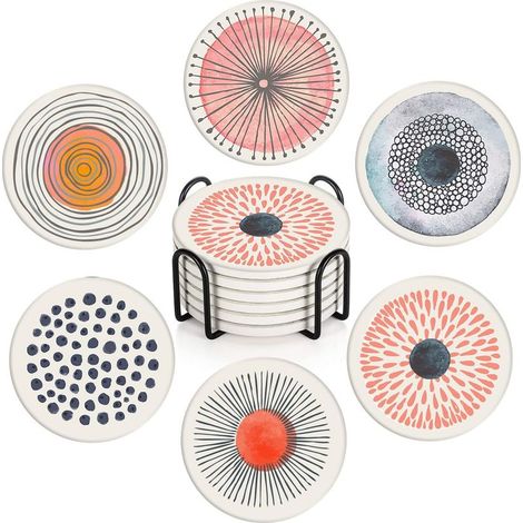 Ensemble de 6 sous-verres, sous-verres ronds en céramique absorbante au style rétro simple, ornés de graffitis, parfaits comme cadeaux de décoration pour une chambre ou un bar. (1/5)